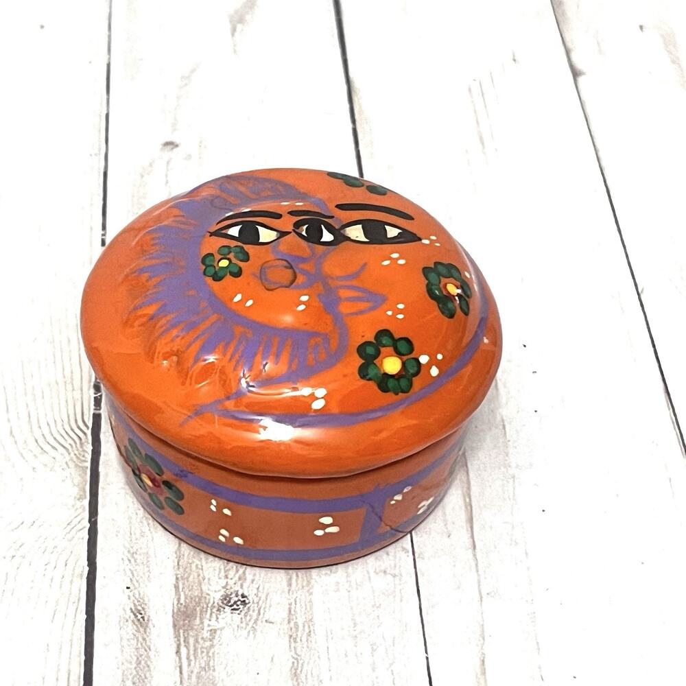 Vintage Hand Painted Terracotta Trinket Box Celestial Sun Moon Folk Art
